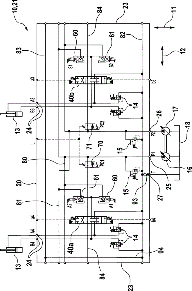 Open-centre valve block with two pump connections and associated auxiliary sliders on the main sliders