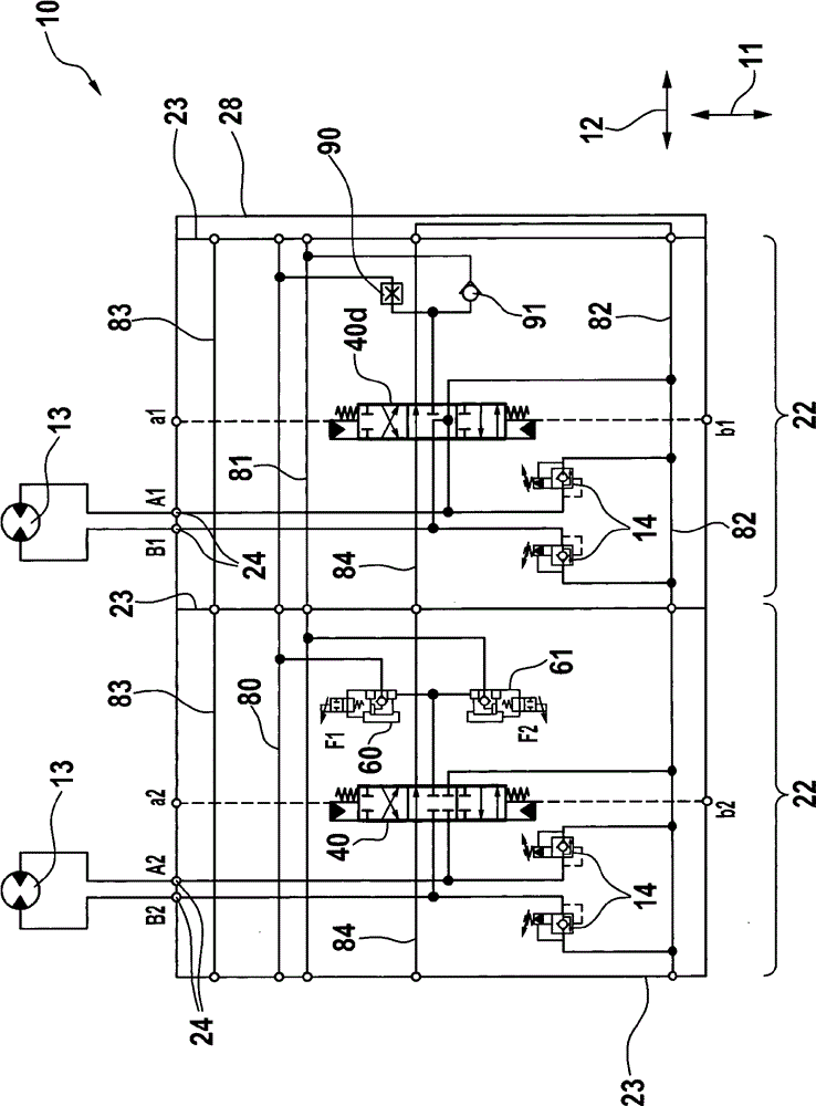 Open-centre valve block with two pump connections and associated auxiliary sliders on the main sliders