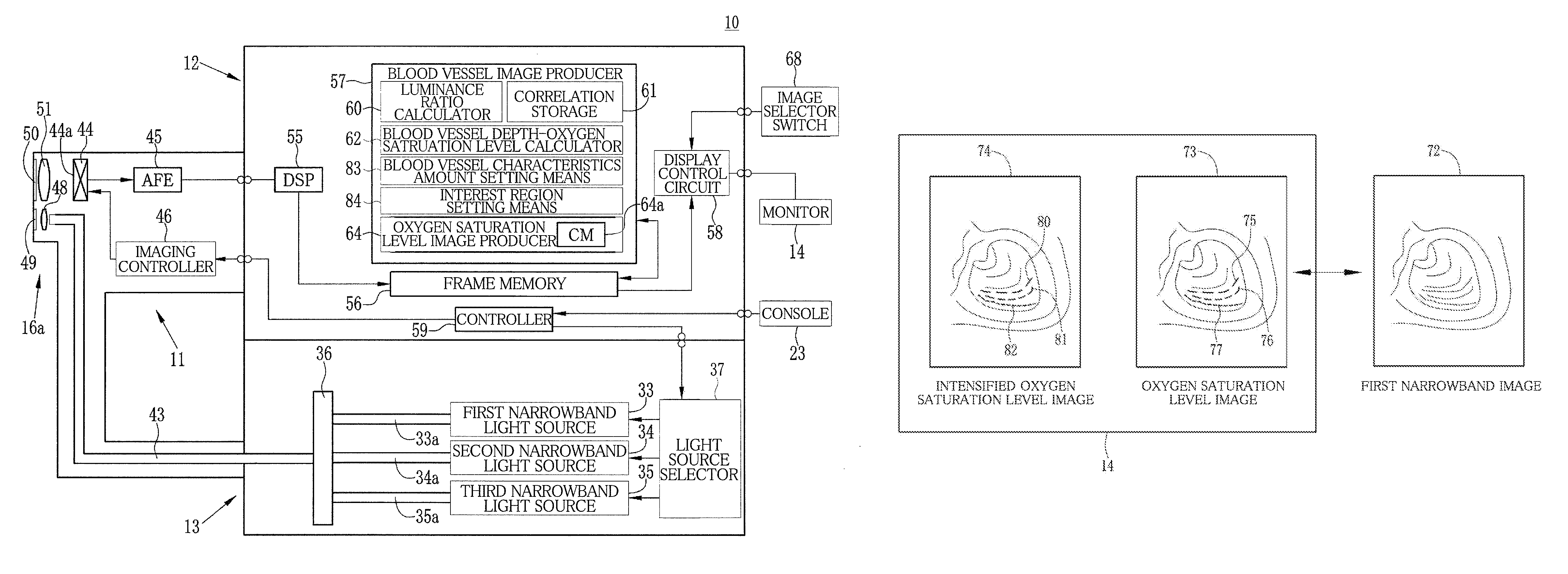 Electronic endoscope system with oxygen saturation enhancing image region