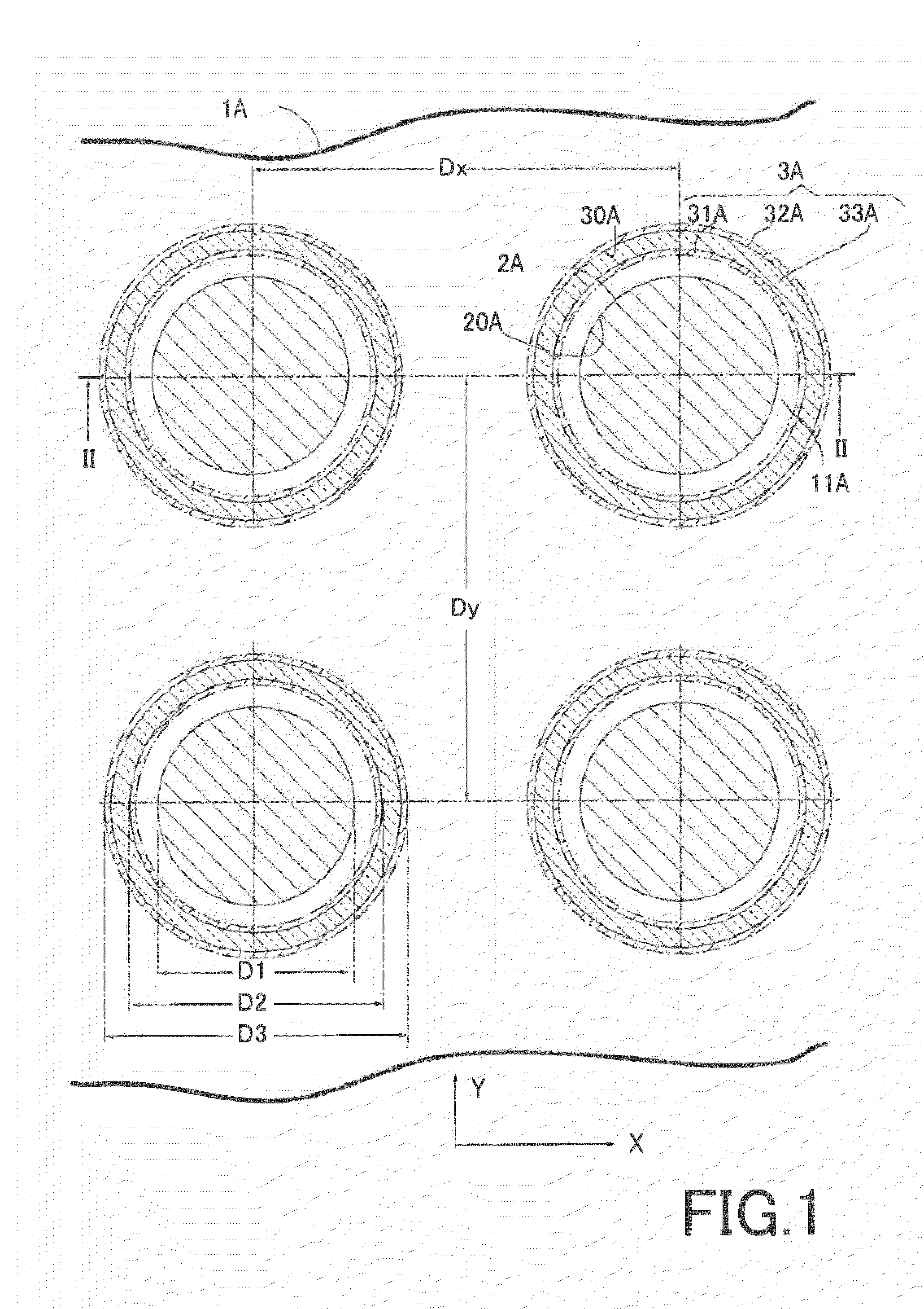 Electronic device, conductive composition, metal filling apparatus, and electronic device manufacturing method