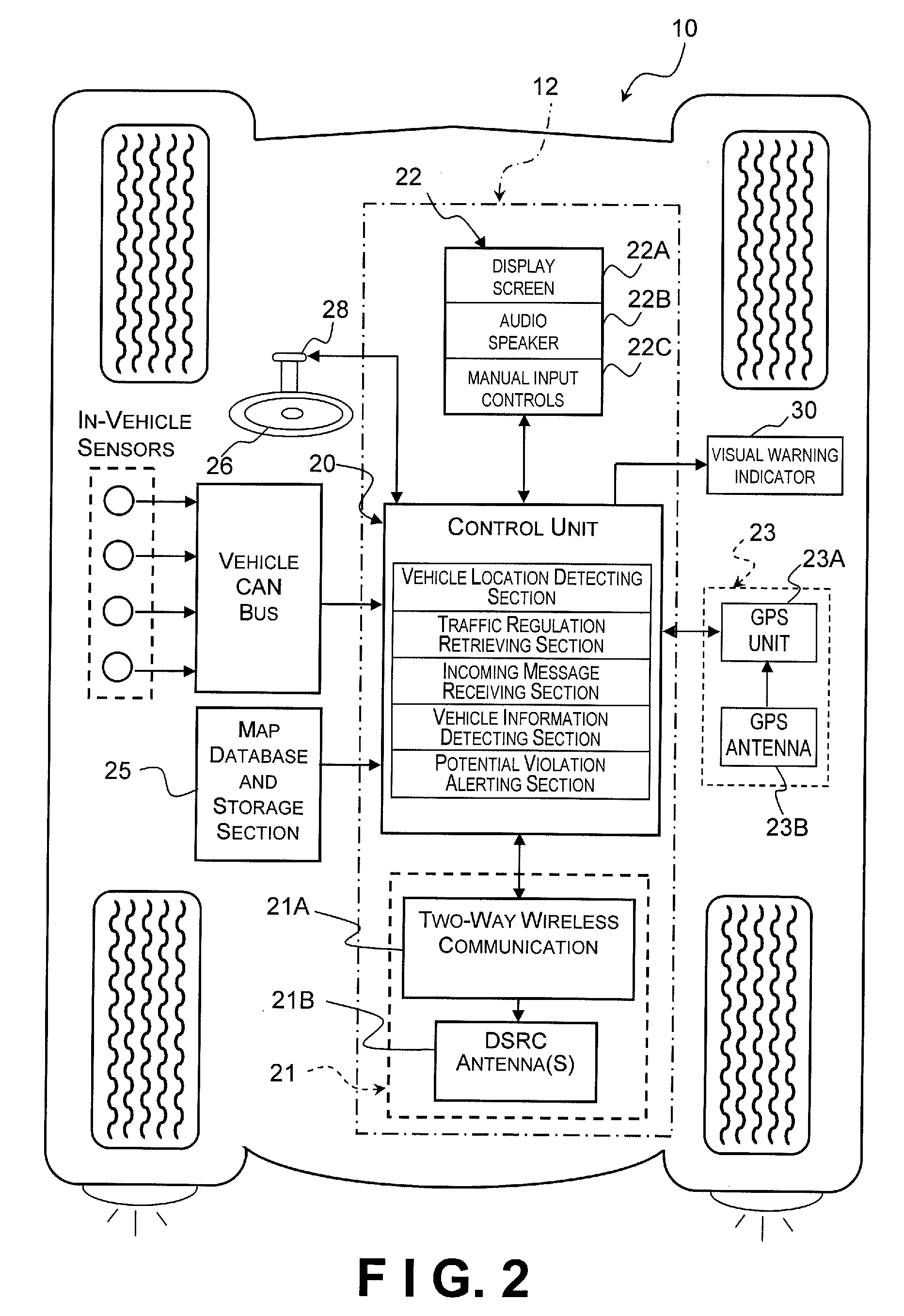 On-board vehicle warning system and vehicle driver warning method