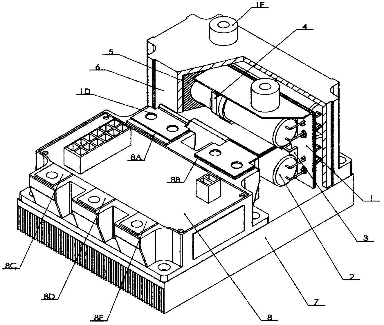 Rectangular aluminum electrolytic capacitor module with heat dissipation surface and structure of module