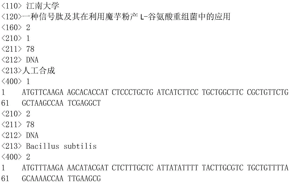 Signal peptide and application thereof in recombinant bacteria for producing L-glutamic acid from konjaku flour