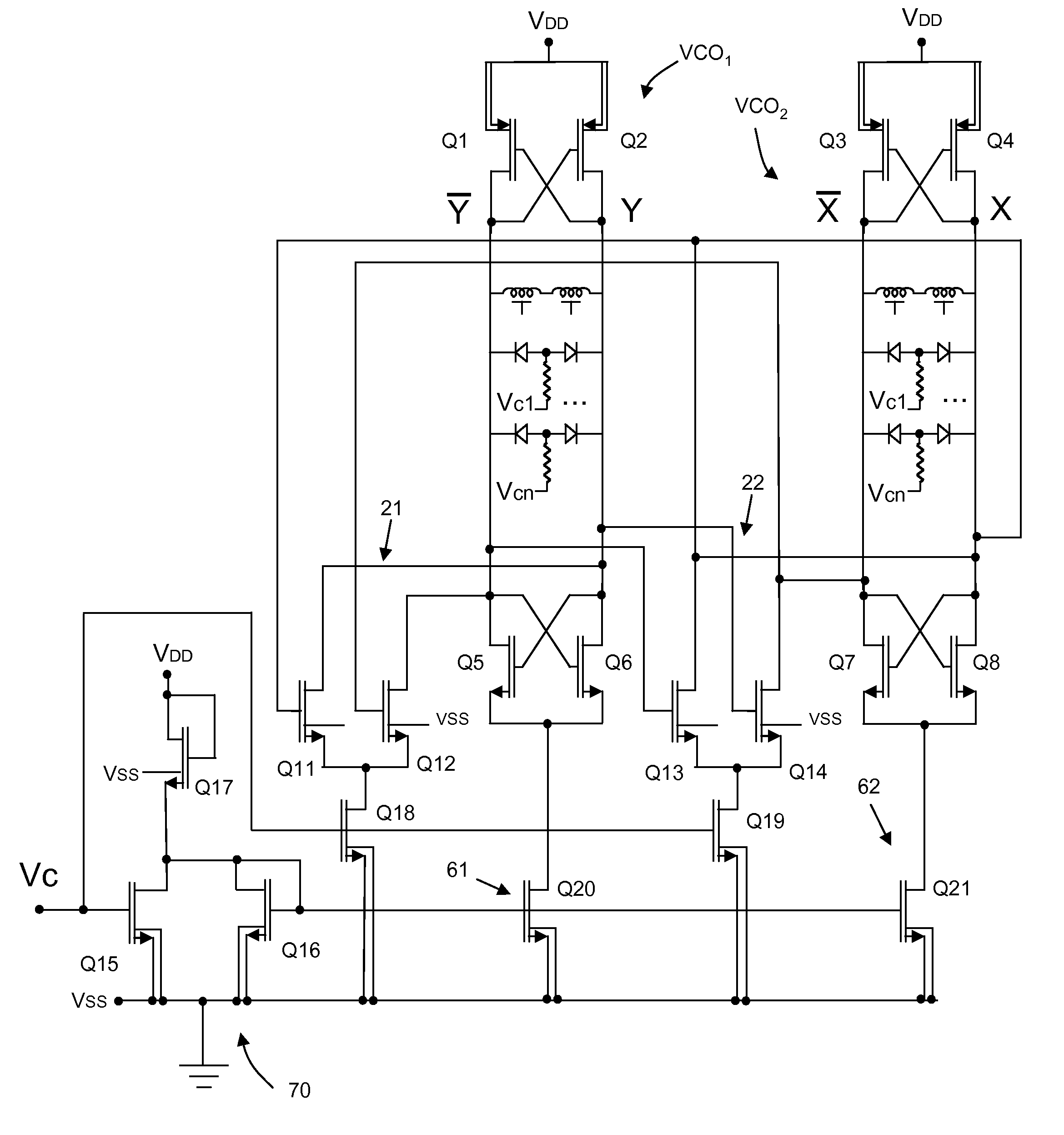 Quadrature LC voltage controlled oscillator with opposed bias and coupling control stages