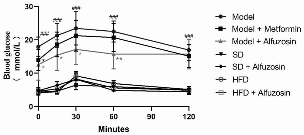 Application of Alfuzosin in preparation of medicine for treating diabetes and complications thereof