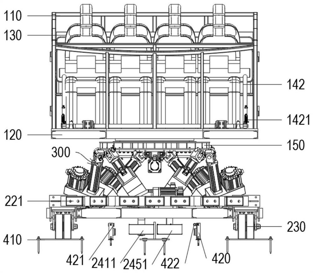 Eight-seat six-degree-of-freedom riding dynamic vehicle and method thereof