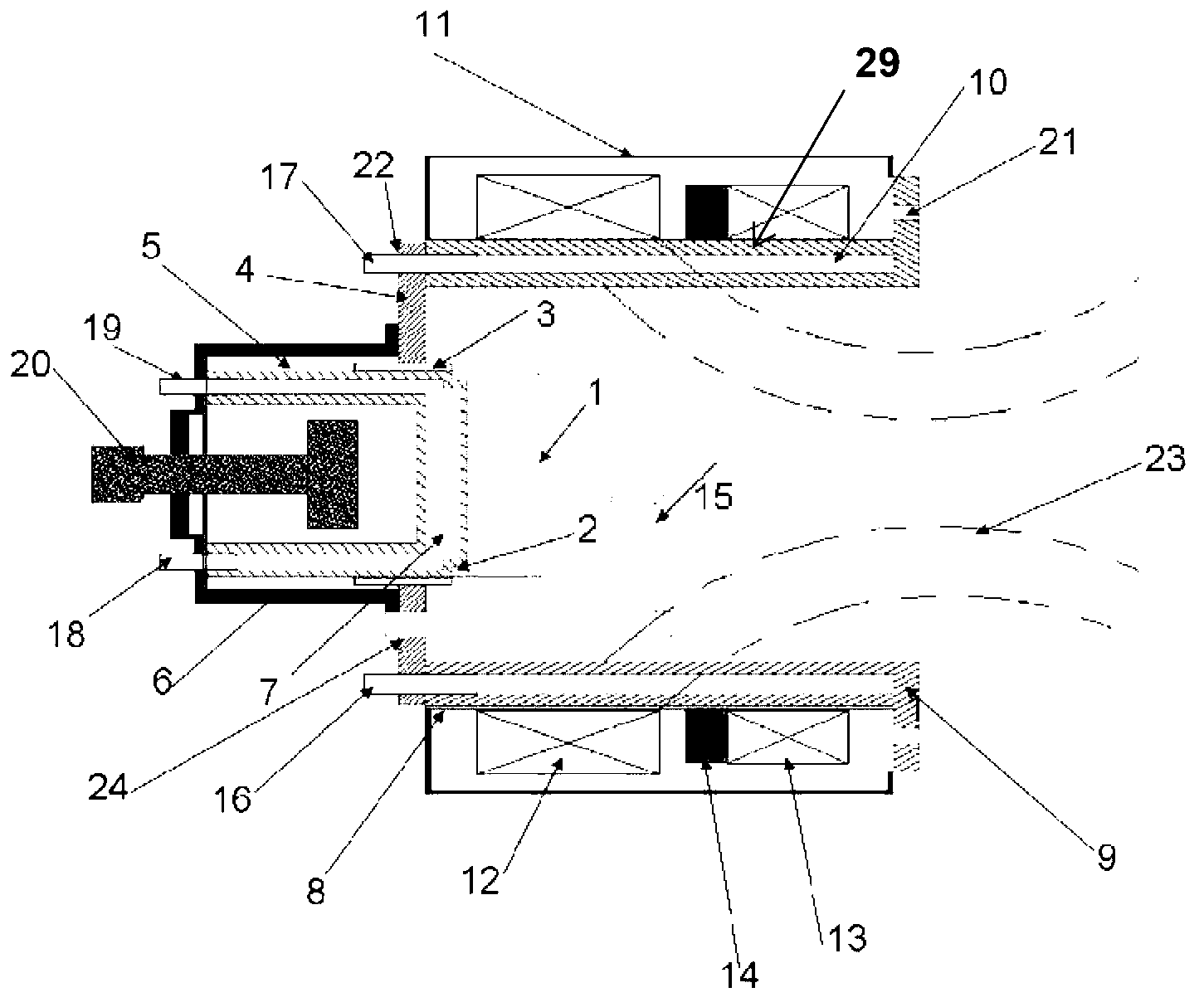 Compact and efficient cold cathode arc source of quasi diffusion arc