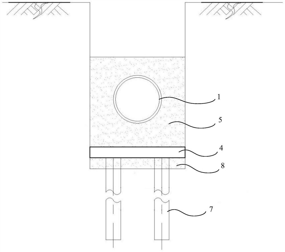 Pipeline side settlement prevention system for soft soil foundation and construction method