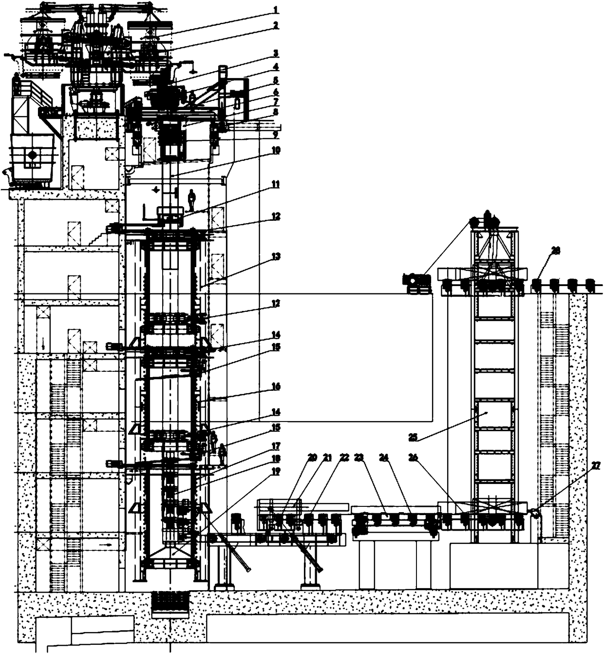 Vertical continuous casting production device and method for round billets of extra large specification