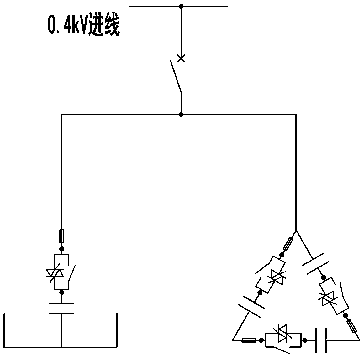 Device and method for three-phase unbalance and reactive power treatment of phase-to-phase capacitance