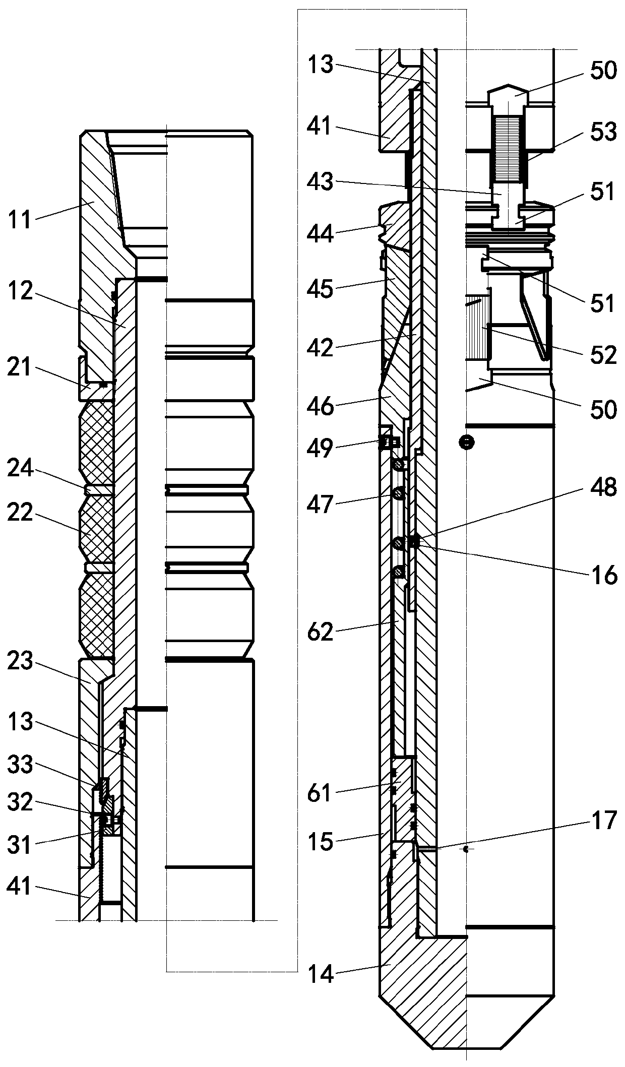 Double-slip hydraulic anchoring sealing device for window sidetrack drilling