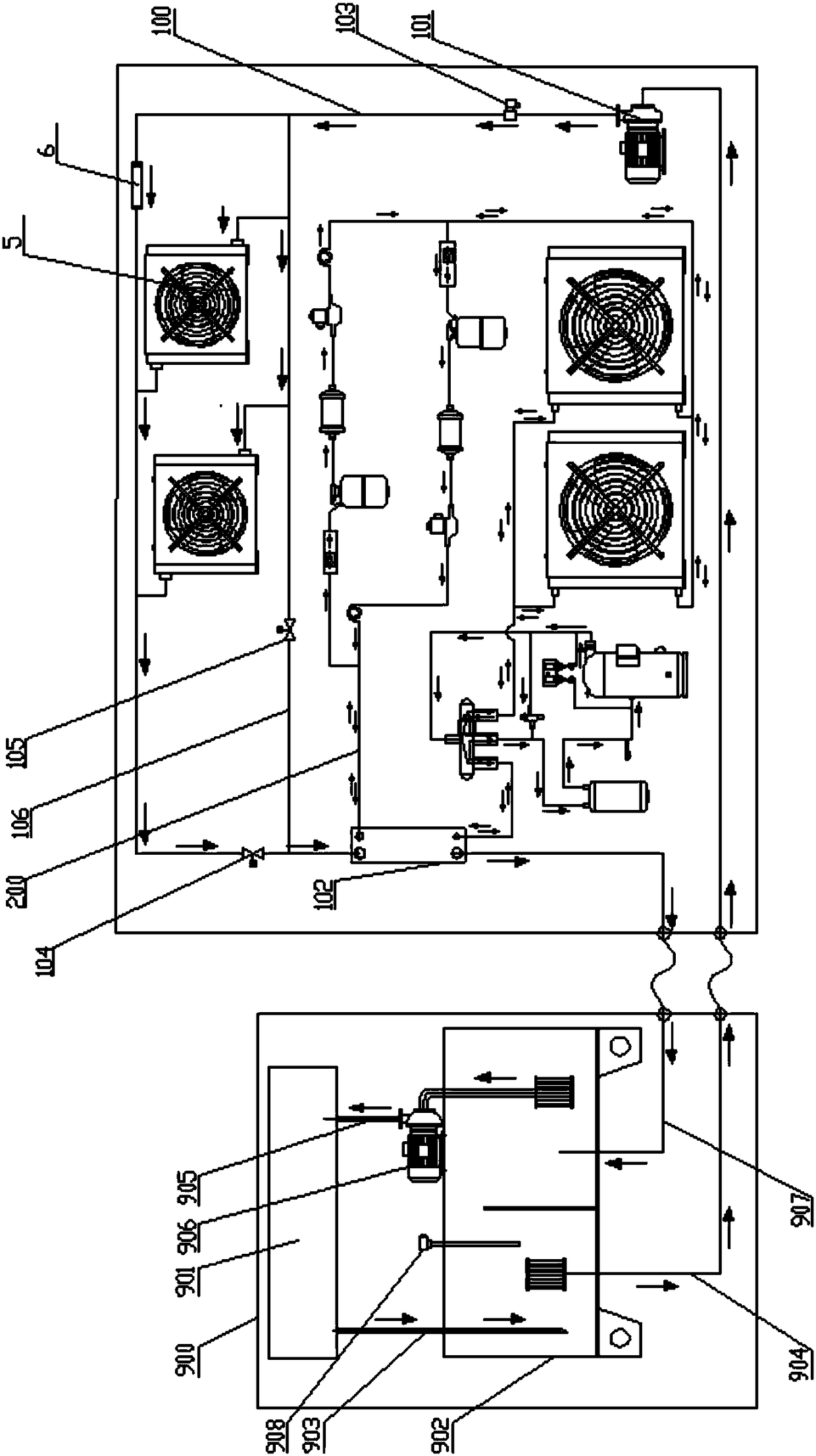 Four-way industrial thermostat unit with hydraulic bypasses with piston type pressure release valves