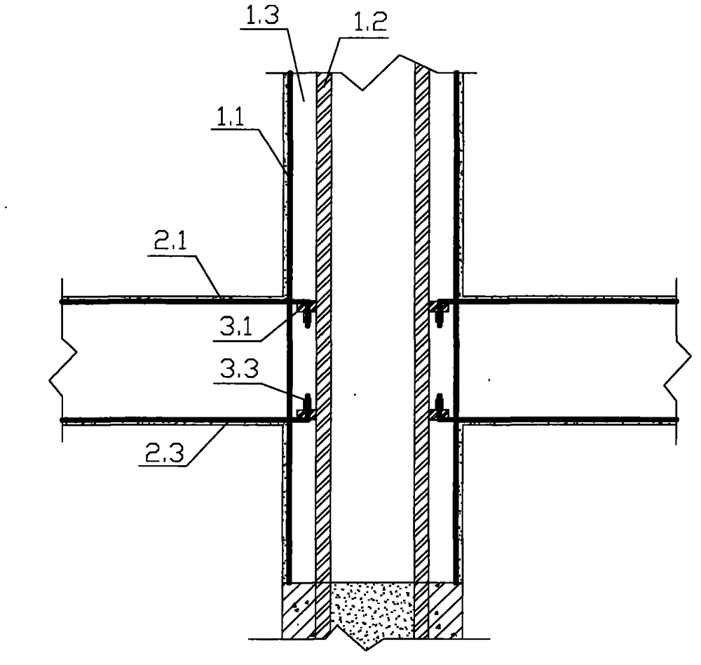 Design and construction for connection node between steel tube-reinforced concrete composite column and reinforced concrete beam