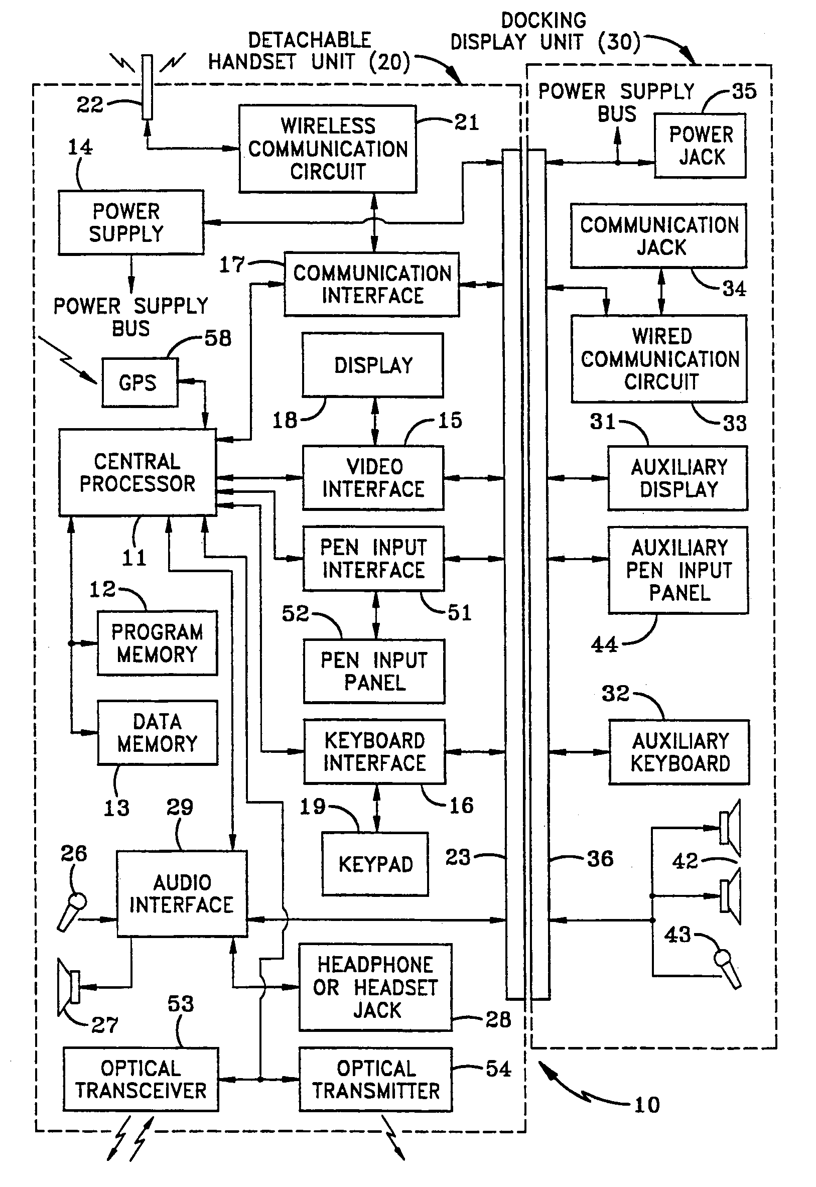 Portable computing, communication and entertainment device with central processor carried in a detachable handset