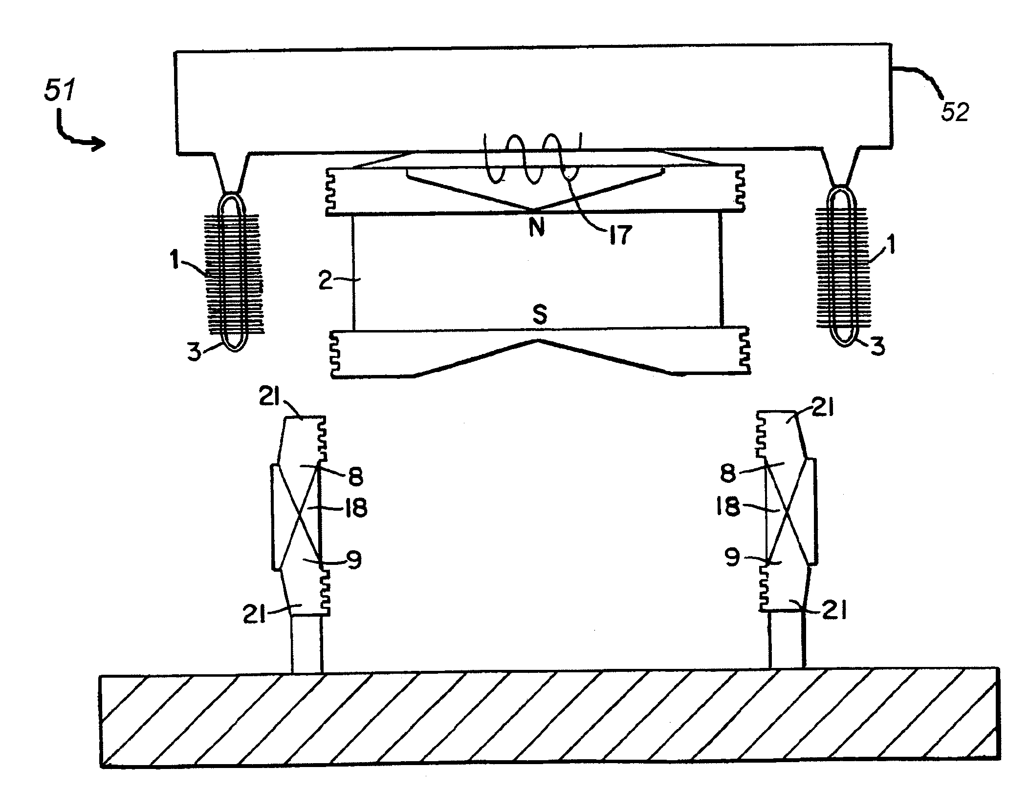 Linear brushless D.C. motor with stationary armature and field and with integratable magnetic suspension