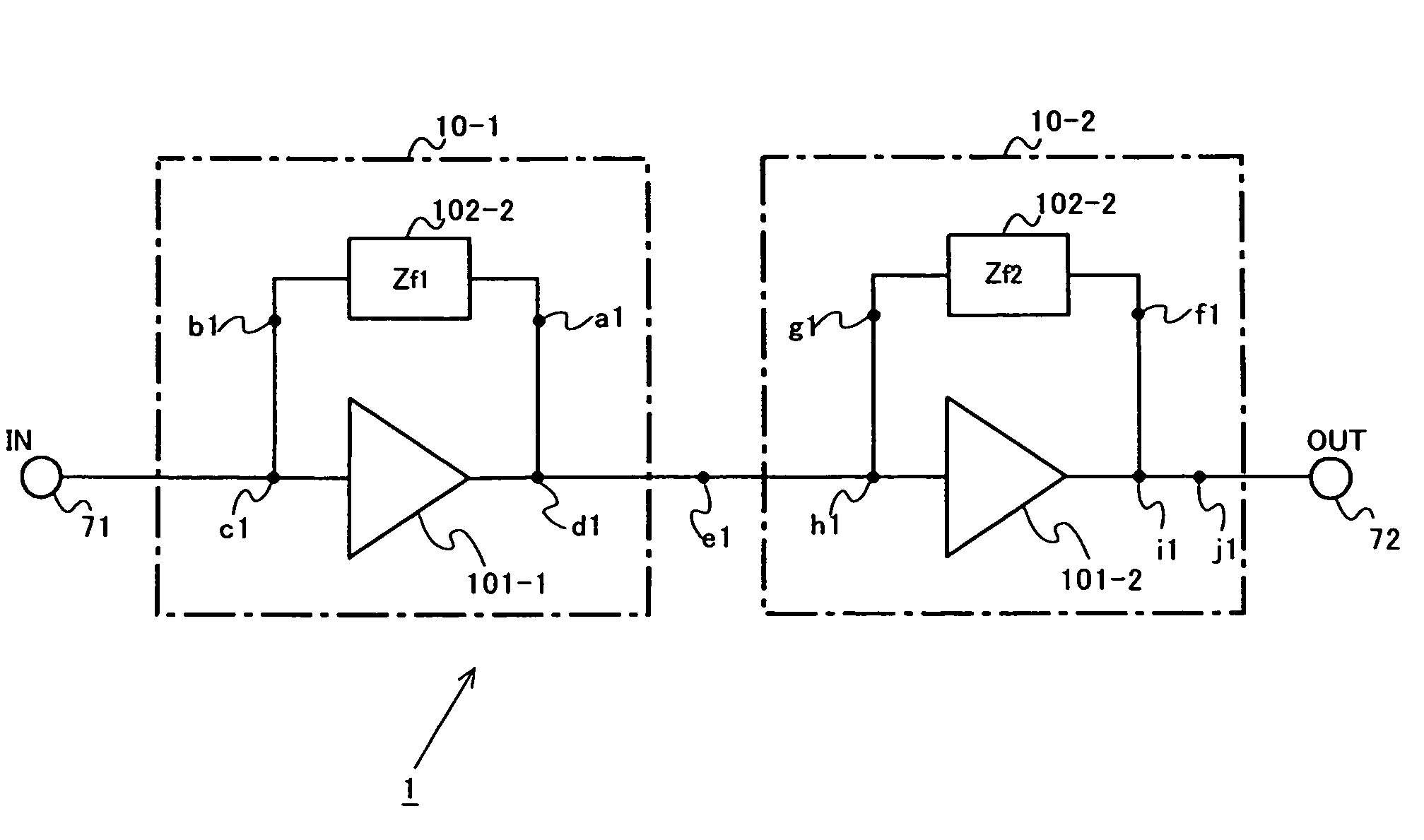 Multistage amplifying devices, and reception device and transmission device using the same