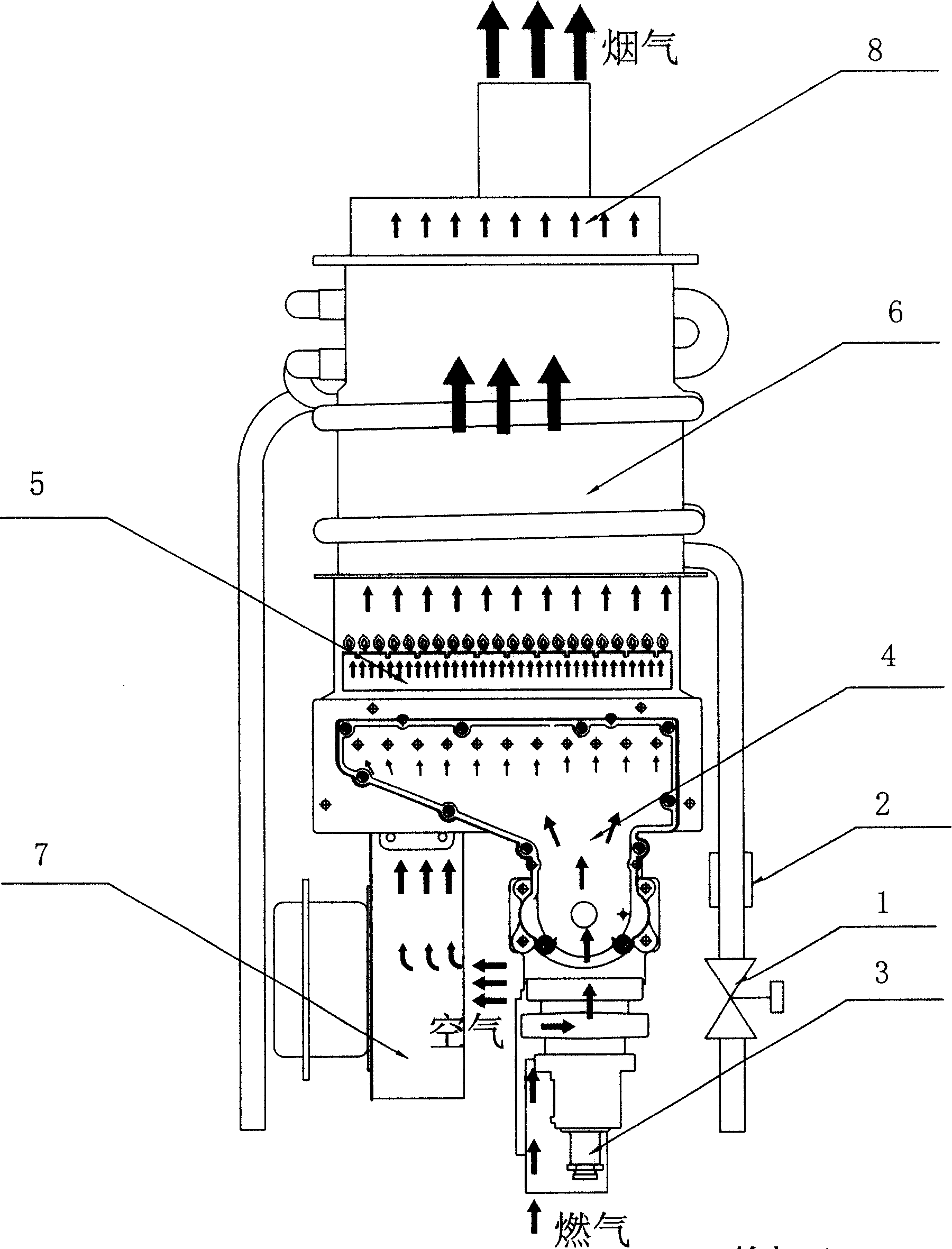 Blue flare subsection air feed gas water heater