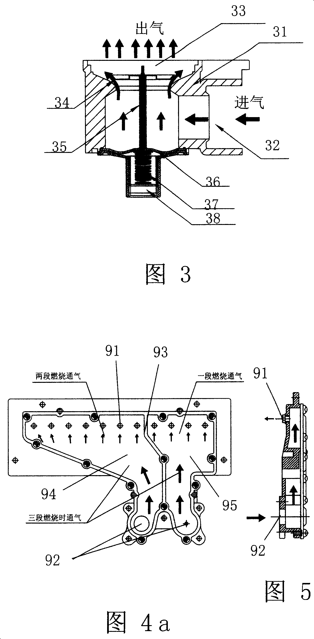 Blue flare subsection air feed gas water heater