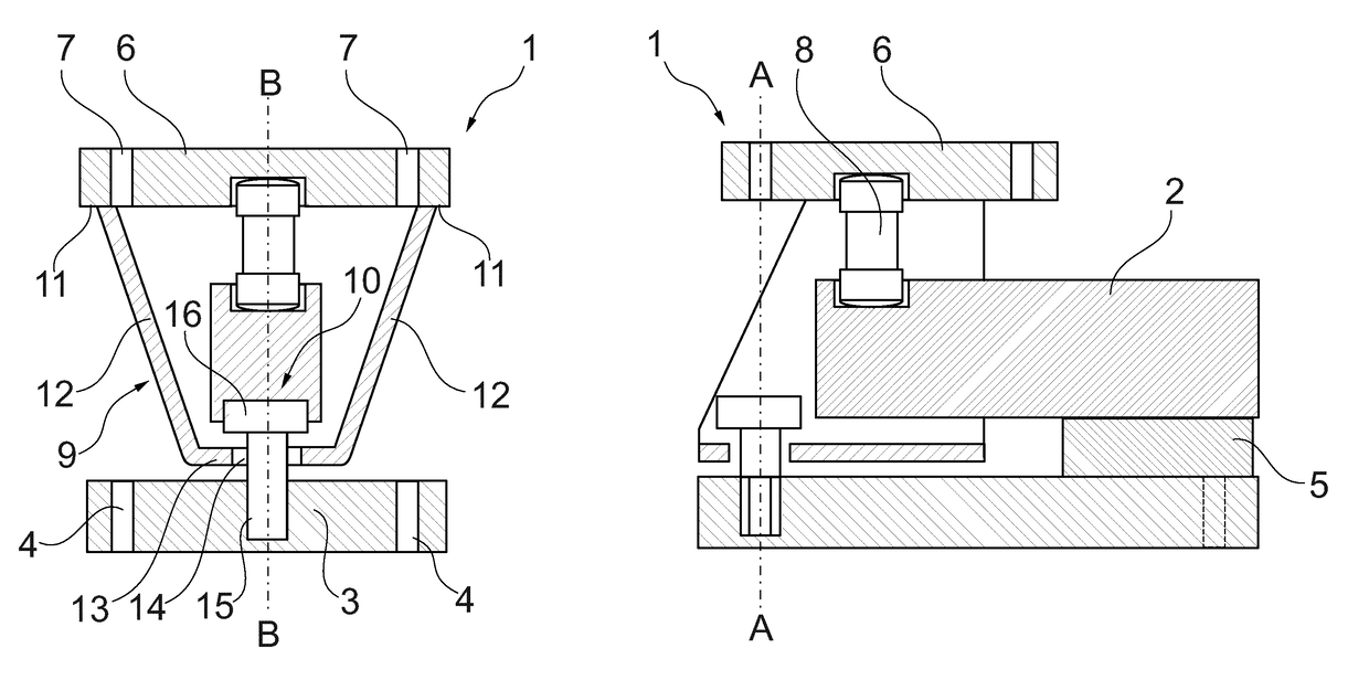 Load cell weigh module hat limits horizontal floating movement of the top plate