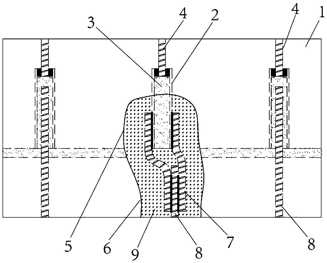 Reinforcing structure for truncation of connecting reinforcing steel bars in sleeves and construction method thereof