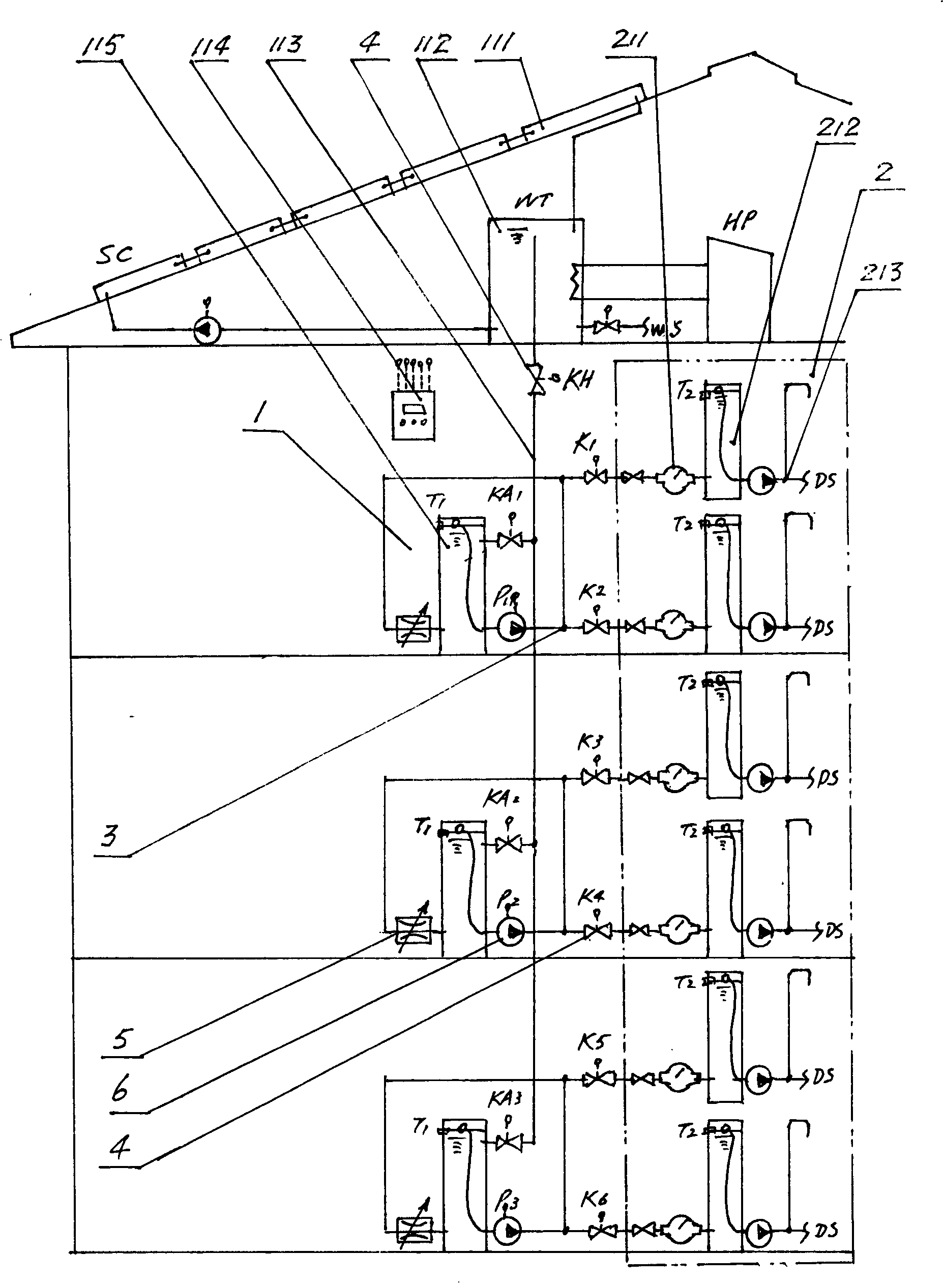 Separated water-storage type central hot water system for building