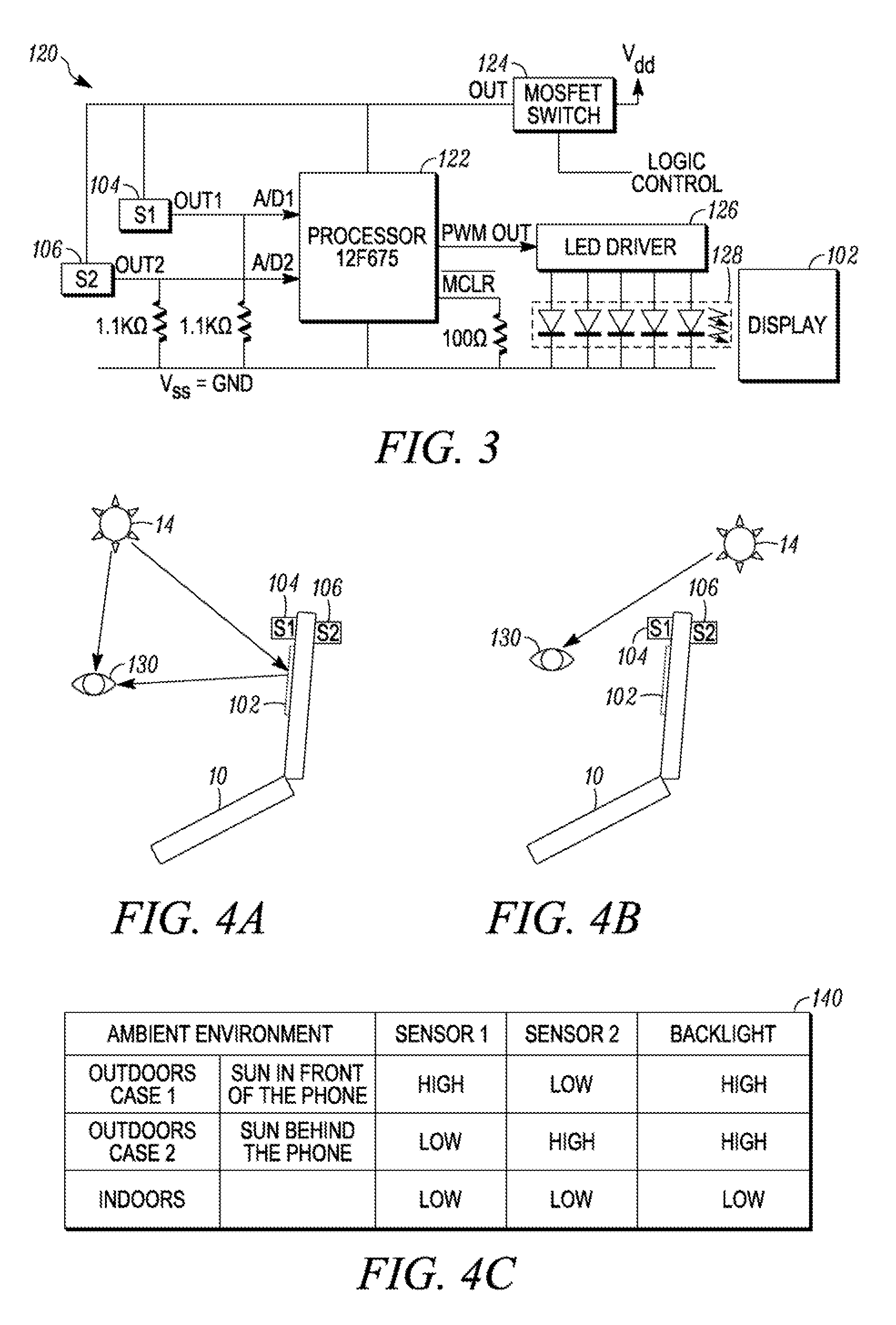 Multiple light sensors and algorithms for luminance control of mobile display devices