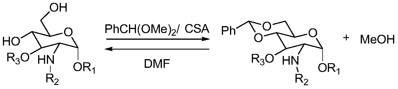 Method for protecting D-glucosamine derivative by using benzaldehyde dimethyl acetal