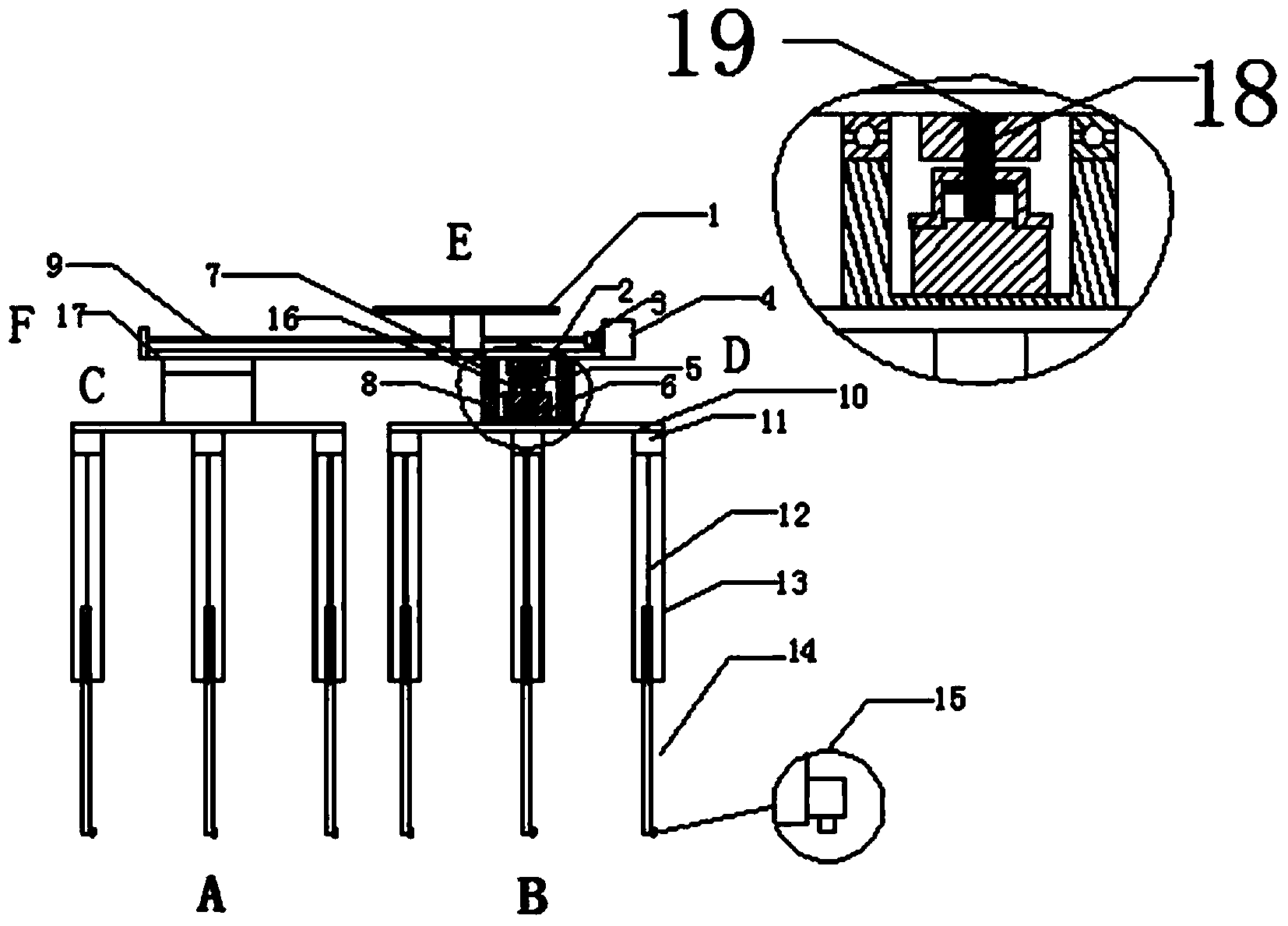 All-terrain telescopic-leg-type fix-foot rotating advancing robot