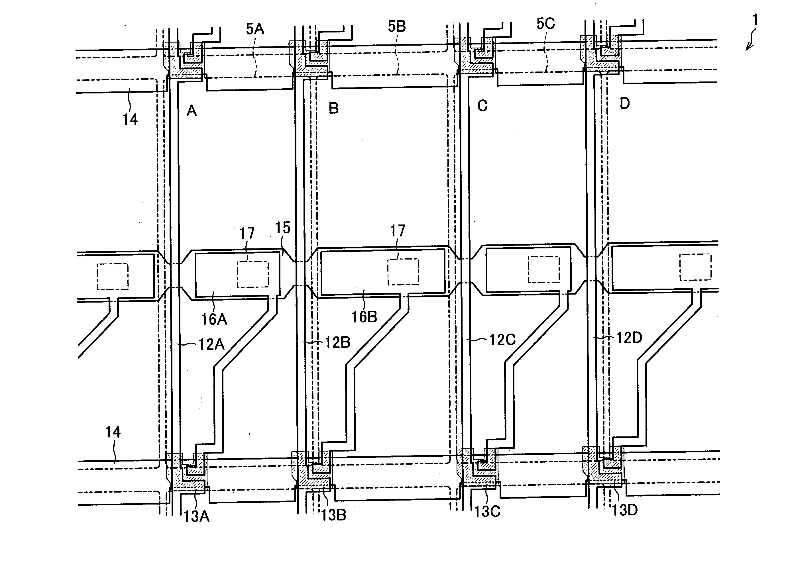 Active element substrate with simplified signal line arrangement having active elements and pixel electrodes and liquid crystal display device using the same