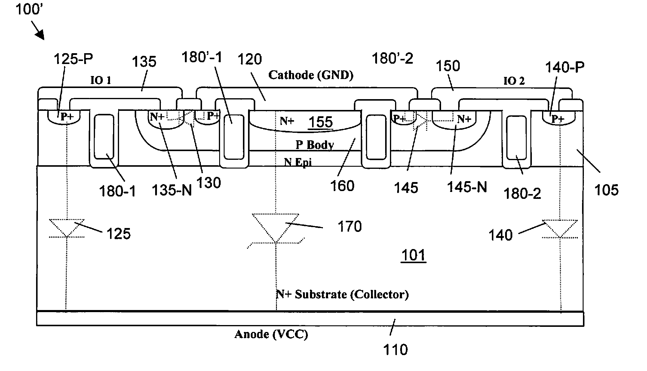 Latch-up free vertical tvs diode array structure using trench isolation