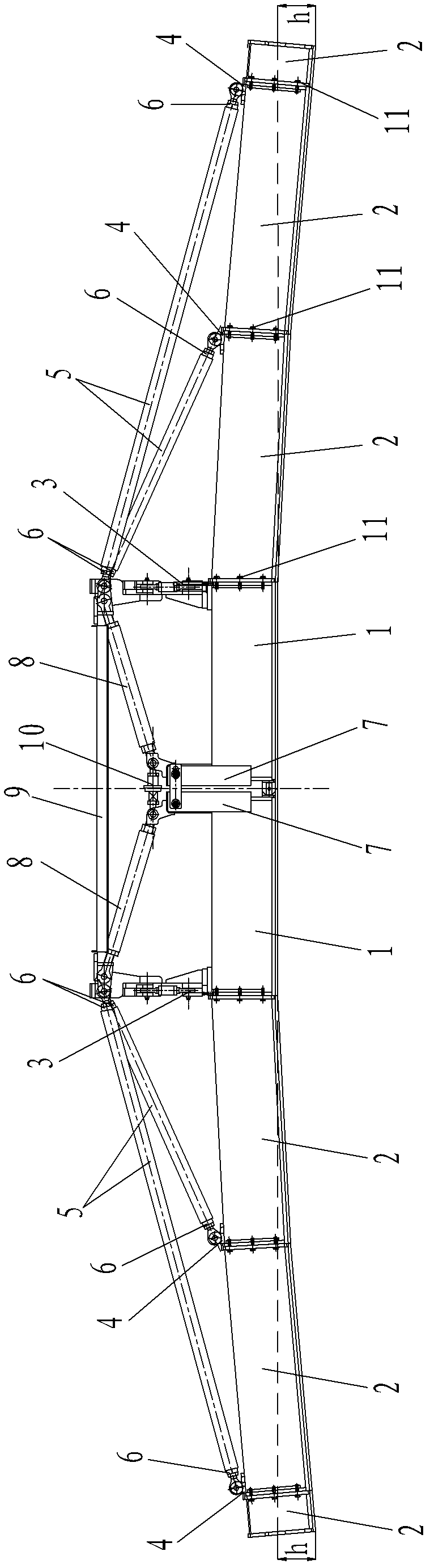 Ironing board of asphalt paver with downward deformation by being pre-pressed by strut and pull rods