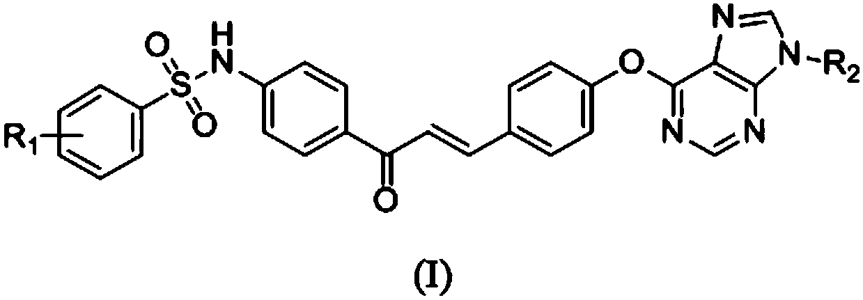 Purine-ring-containing benzene sulfonamide chalcone derivative and preparation and application methods thereof