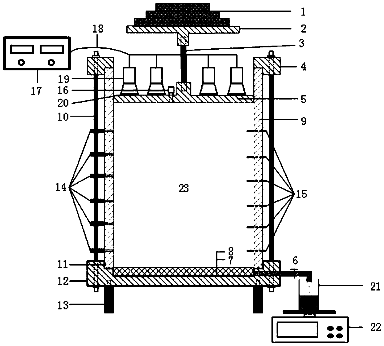 Testing device for promoting soft clay drainage consolidation through ultrasonic waves