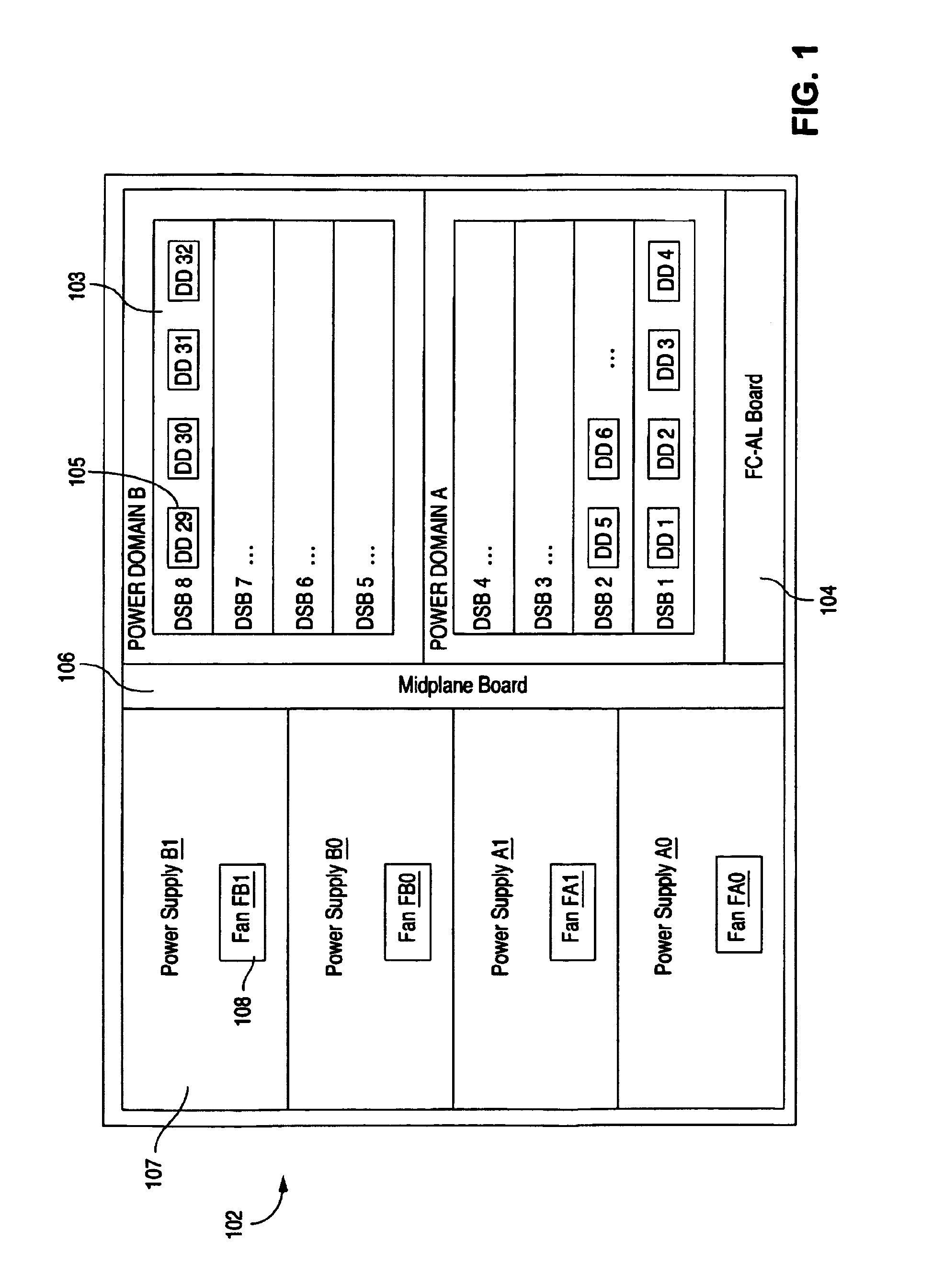 Disk enclosure with multiplexers for connecting 12C buses in multiple power domains