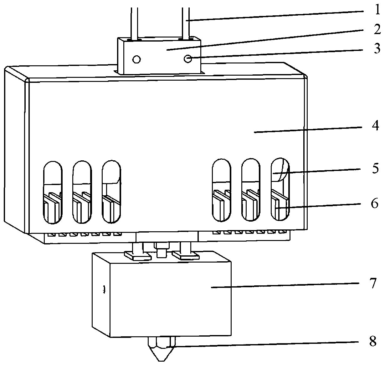 Color mixing 3D printing nozzle device based on FDM technology and discharging method thereof