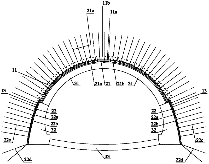 Composite liner structure of four-track large-span wall-foundation arched tunnel