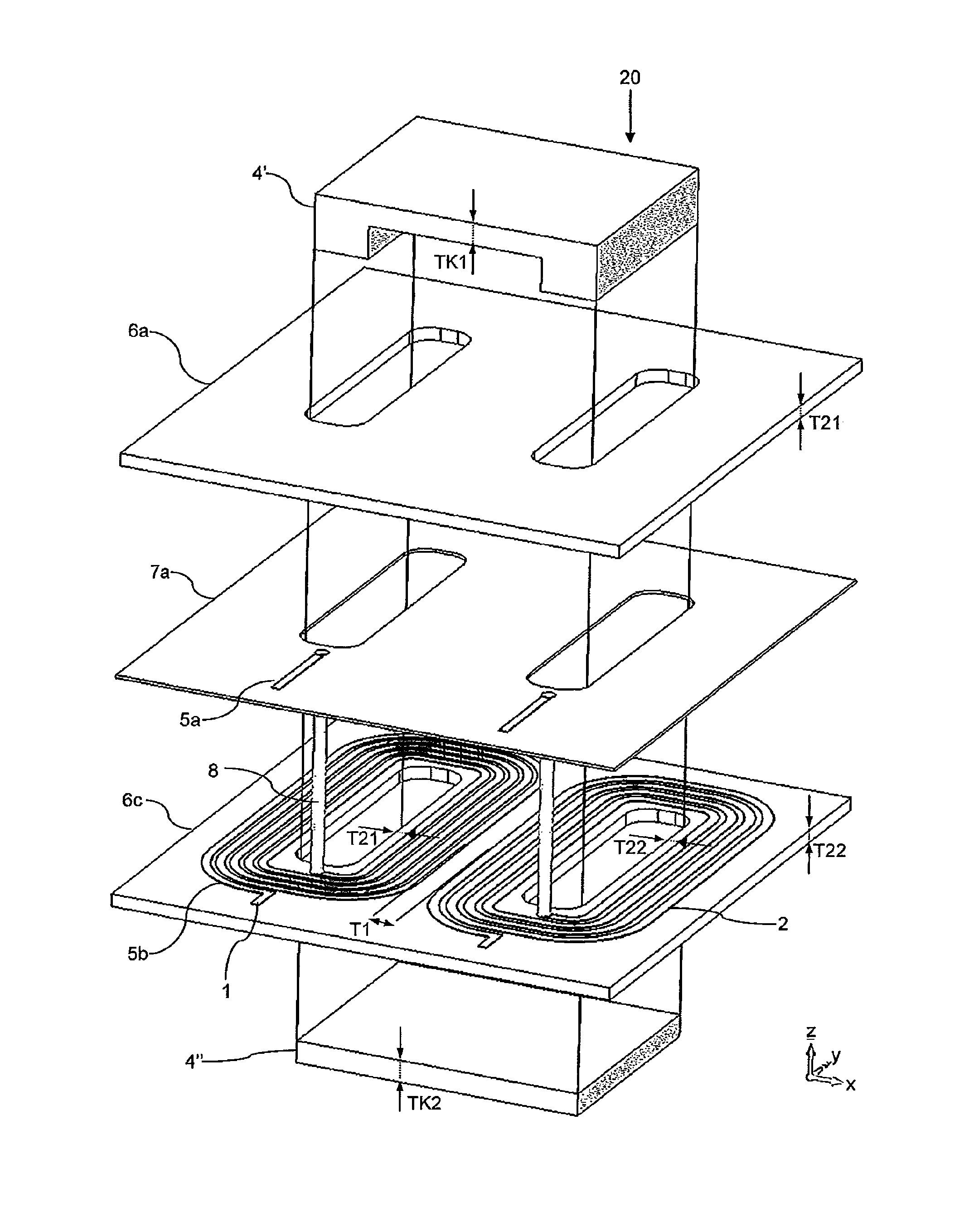 Planar transmitter with a layered structure