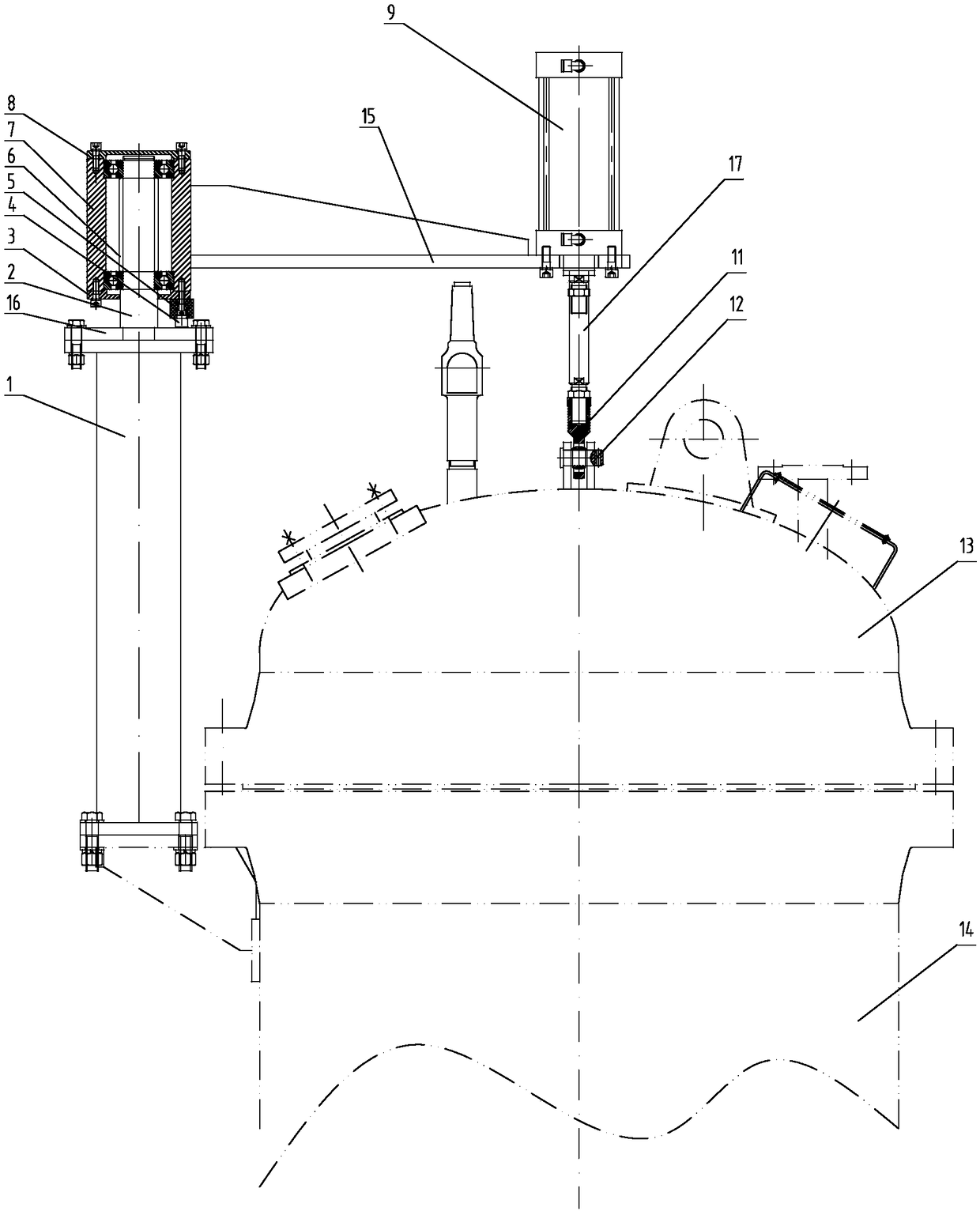 Rotary opening and closing device for end cover of container