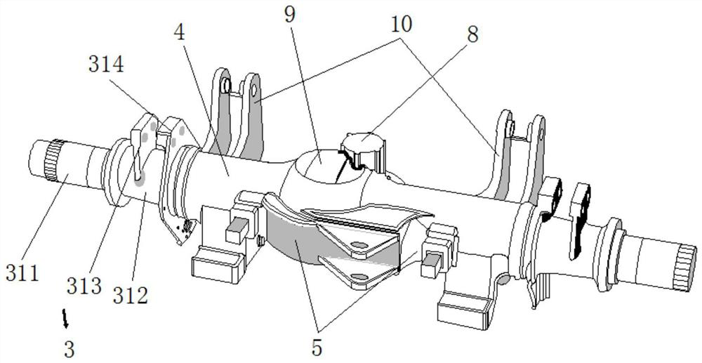 Novel wide-body mining hydro-pneumatic suspension double-vehicle rear axle device capable of avoiding loading difficulty