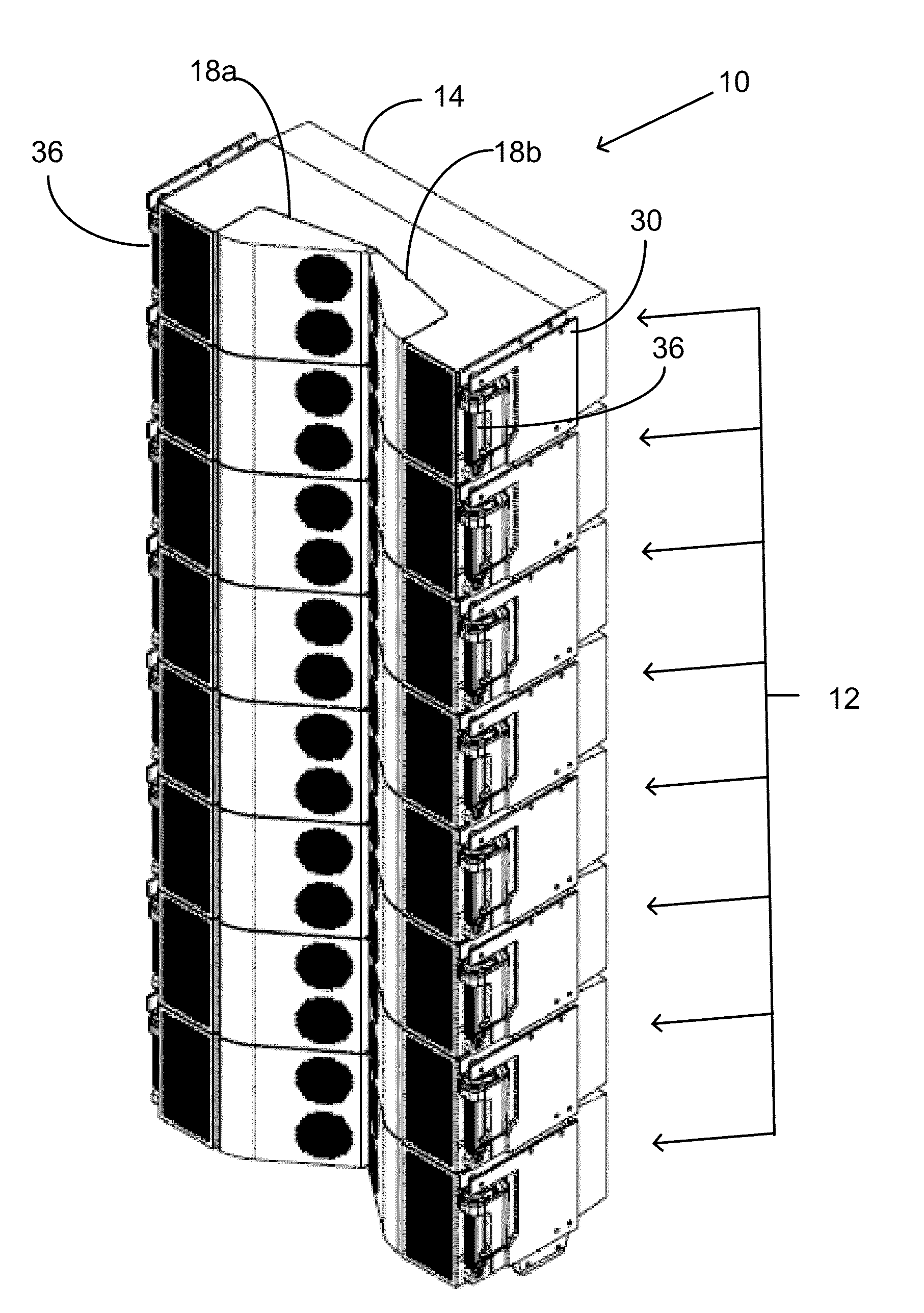 Vertical line array loudspeaker mounting and adjustment system