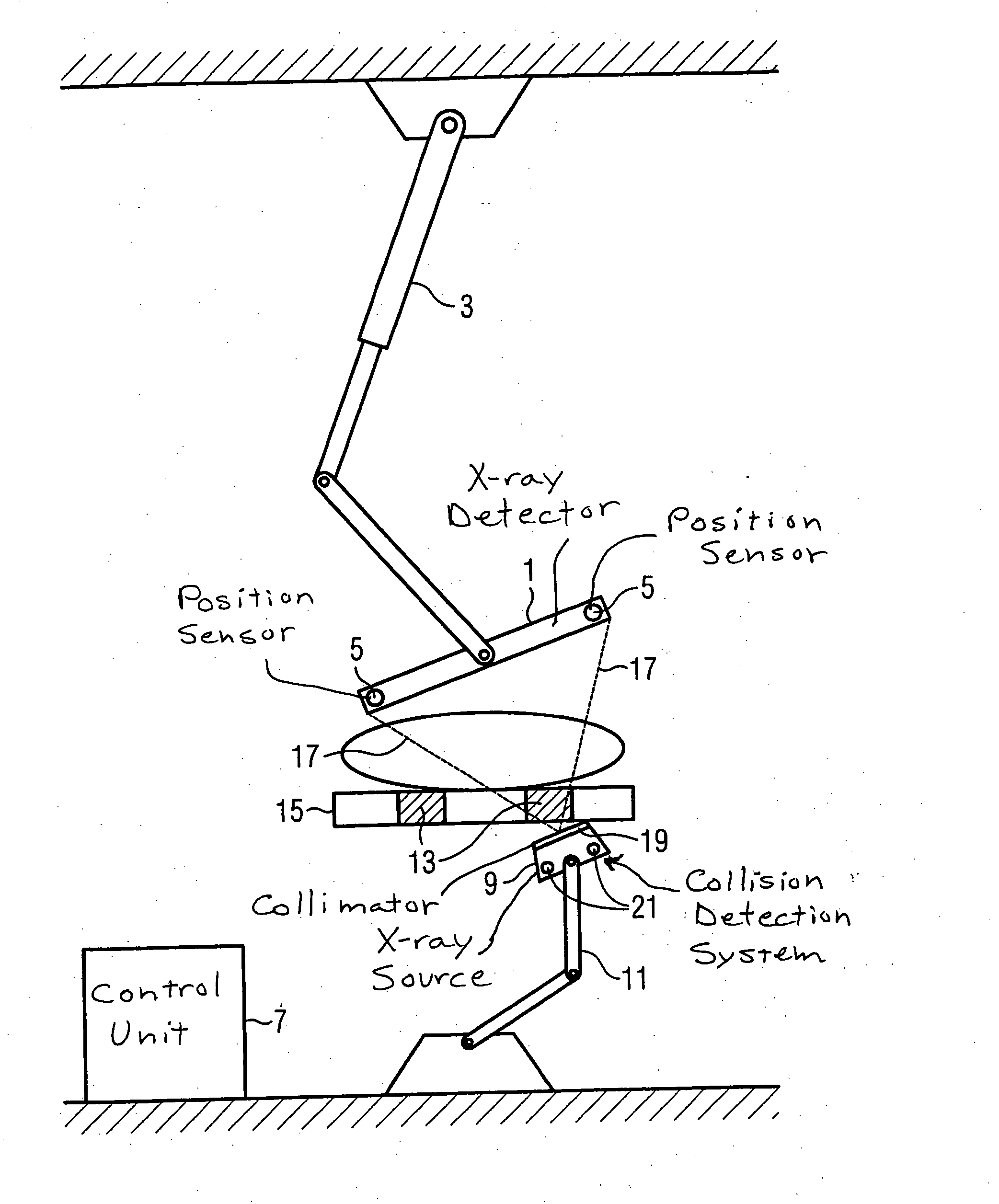 X-ray apparatus with component positioning coordinated with radio-opaque objects in examination room