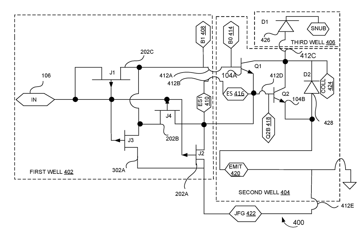 Configuration of JFET for base drive bipolar junction transistor with automatic compensation of beta variation