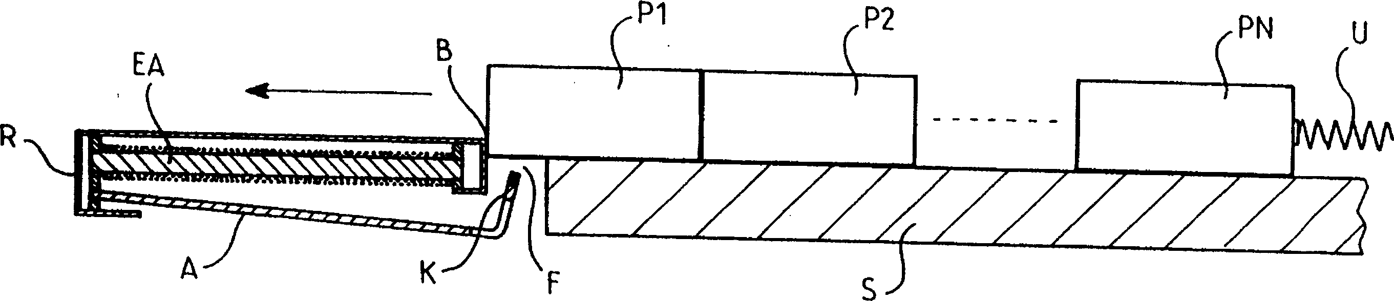 Device for automatic sequential extraction of objects stored in rows on shelves