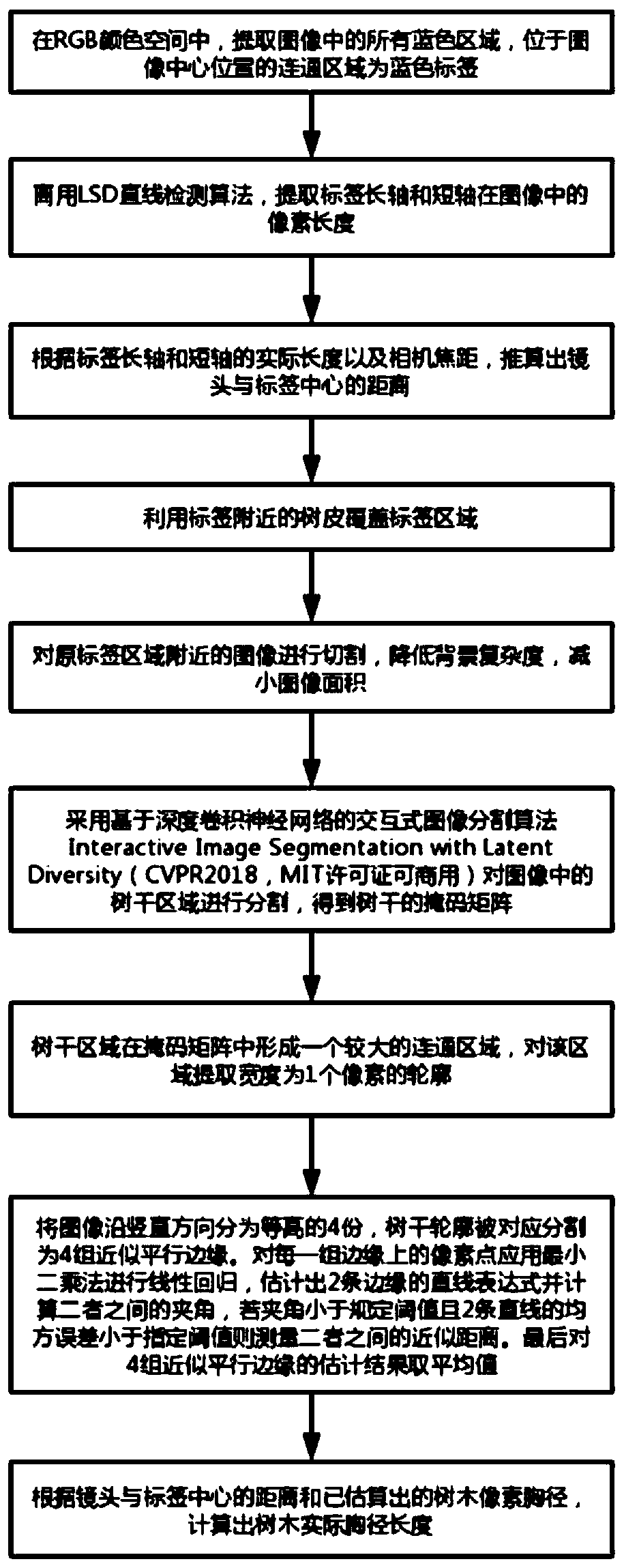 Non-contact tree breast height diameter measuring method and system based on computer vision