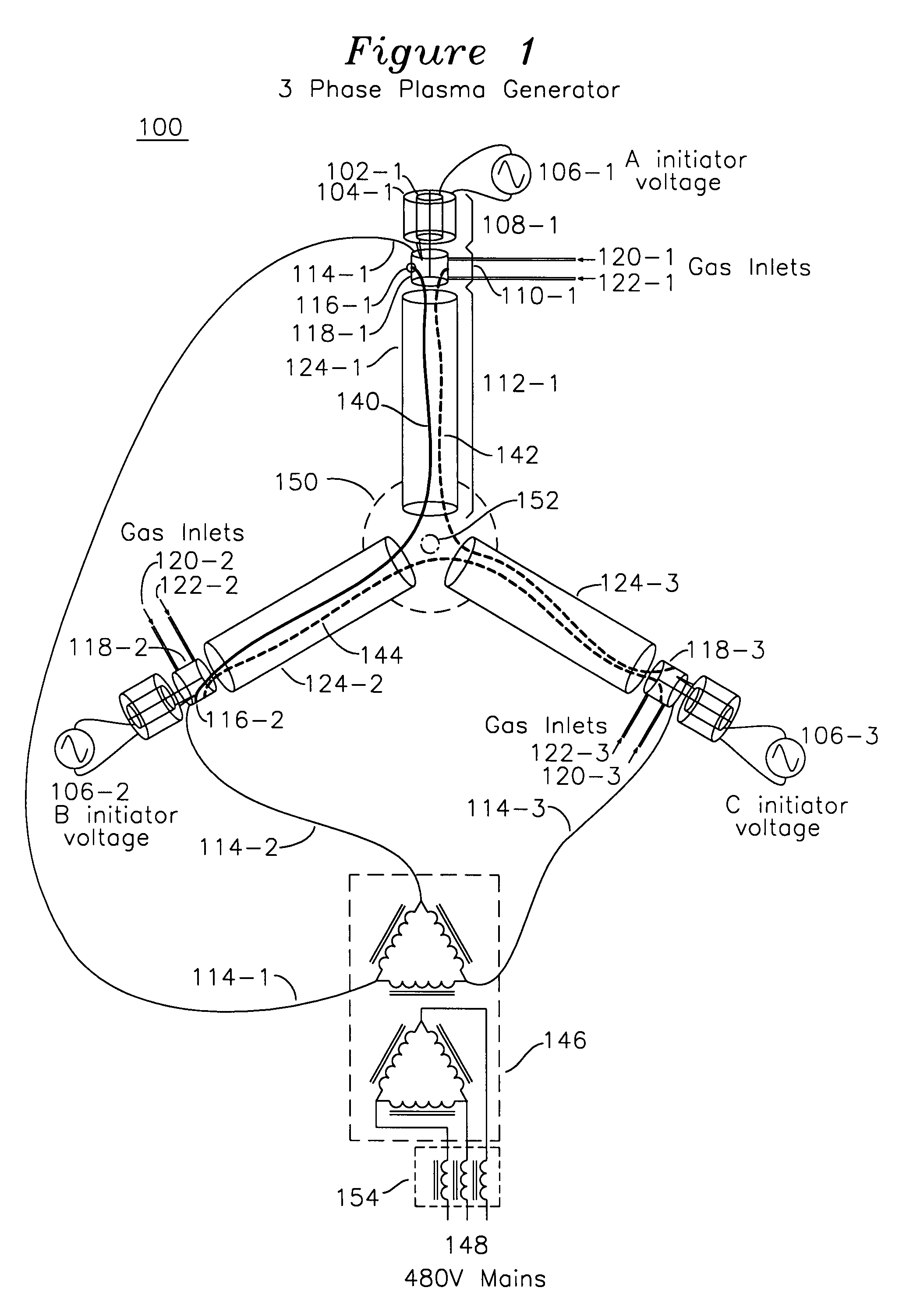 Alternating current multi-phase plasma gas generator with annular electrodes