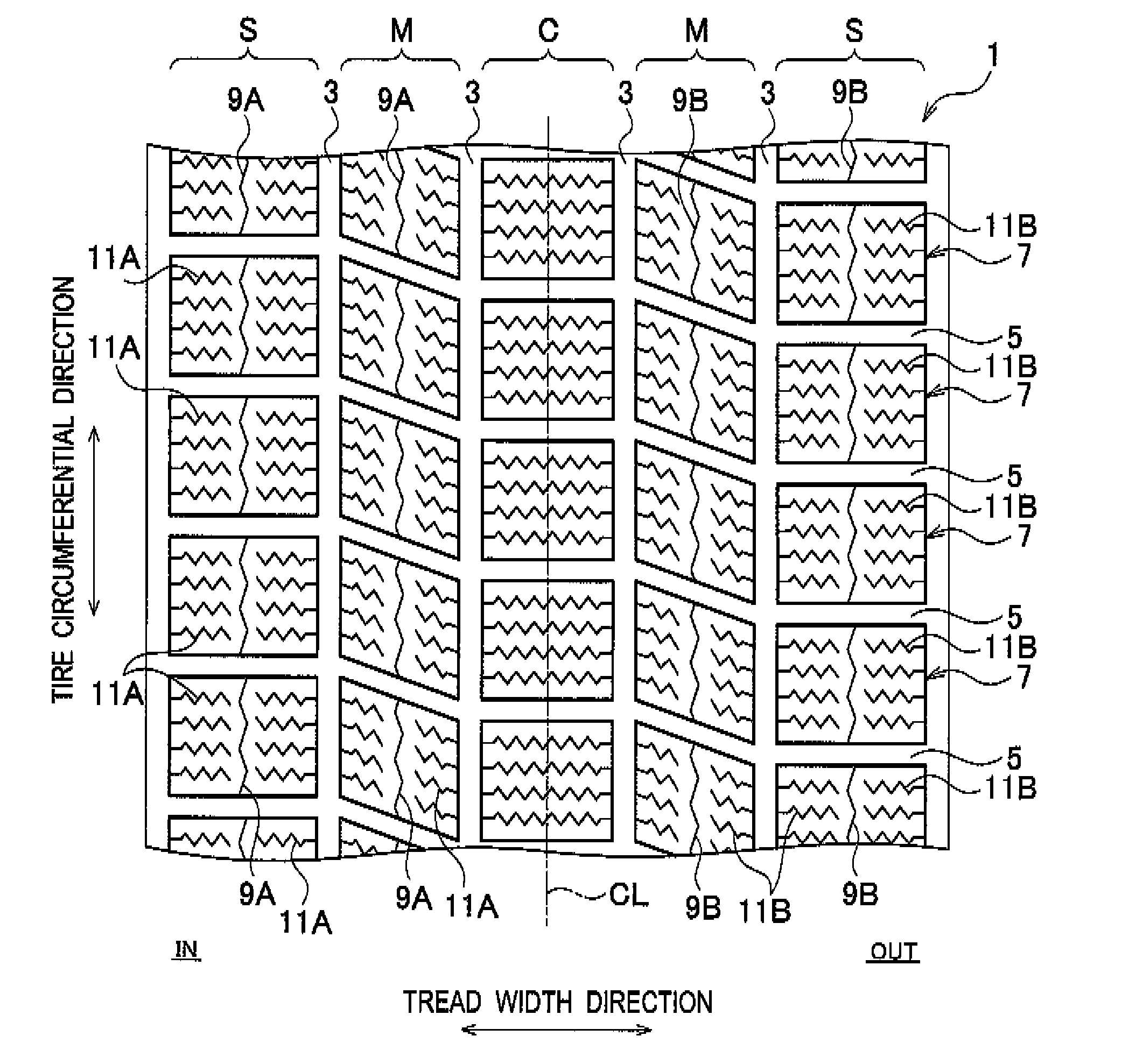 Pneumatic tire with tread having inside and outside circumferential sipes