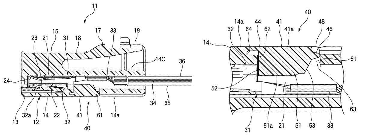 Connector having a retainer with outer surface flush with outer surface of the connector housing