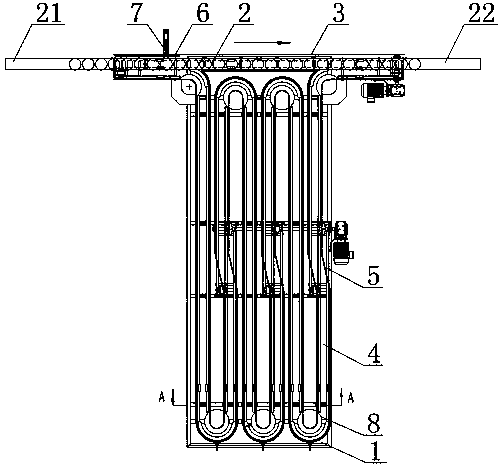 Conveying channel provided with buffering bottle-storage mechanism and arranged between bottle blowing machine and filling machine