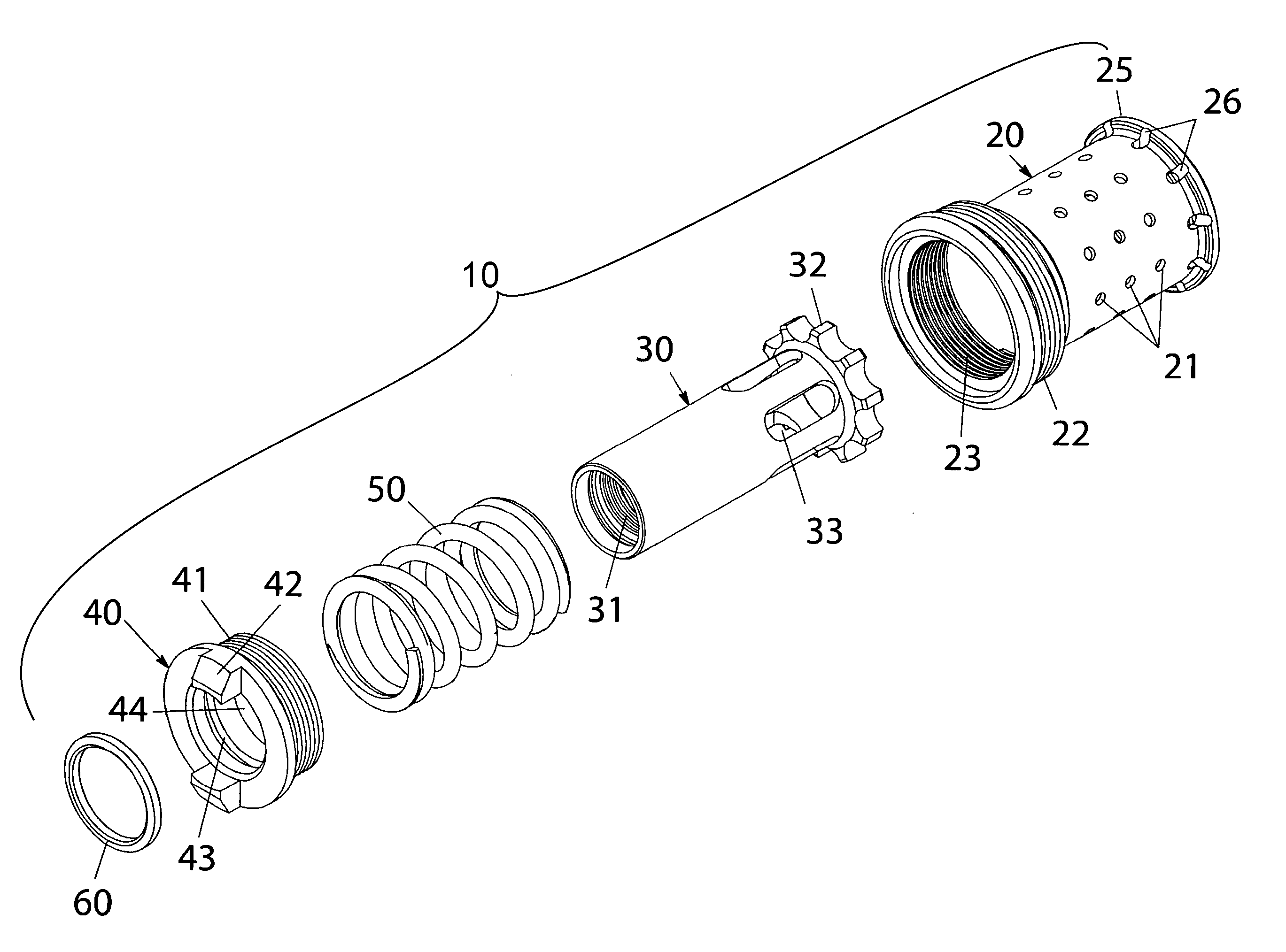 Adjustable silencer booster with spoked piston engagement shoulder