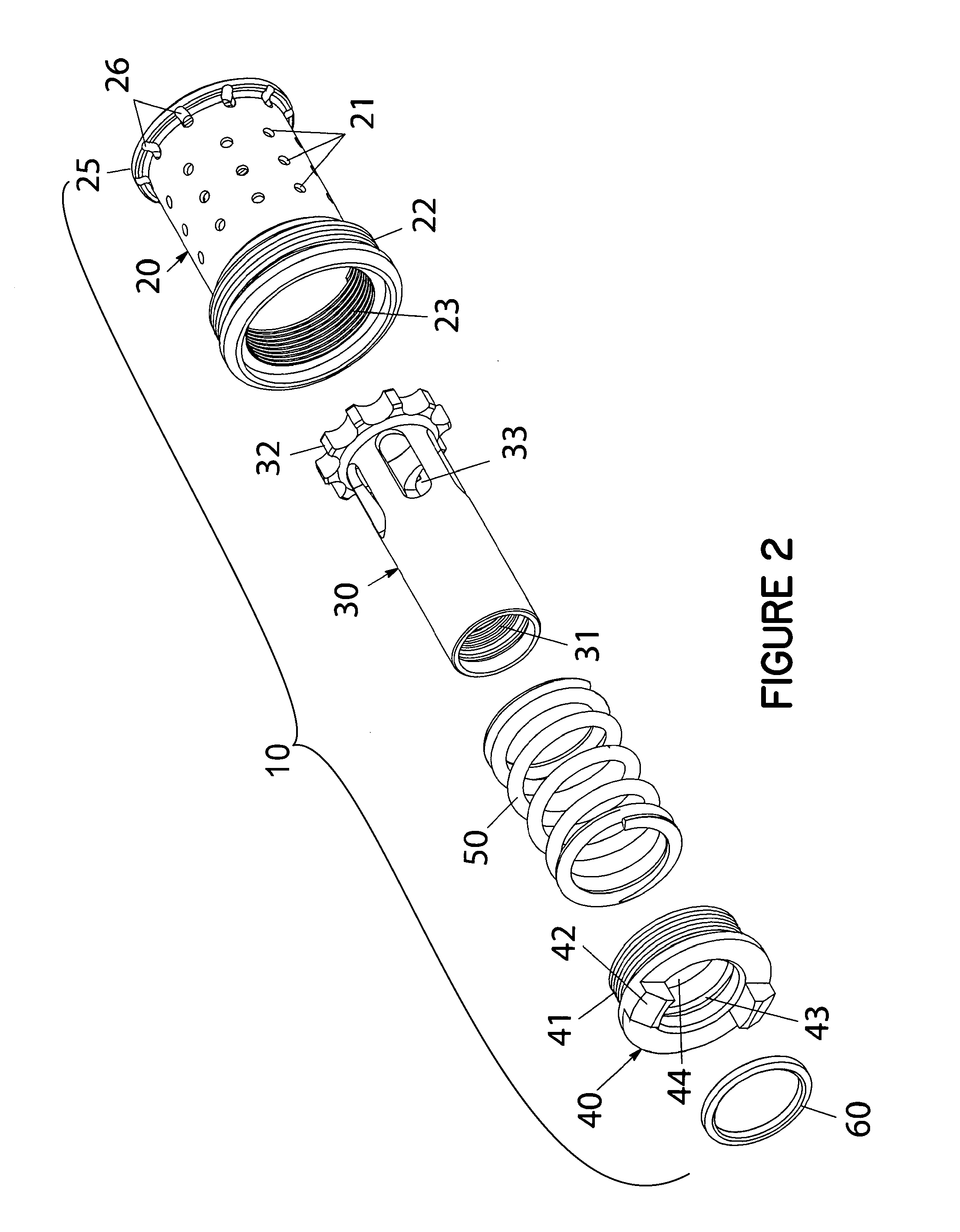 Adjustable silencer booster with spoked piston engagement shoulder